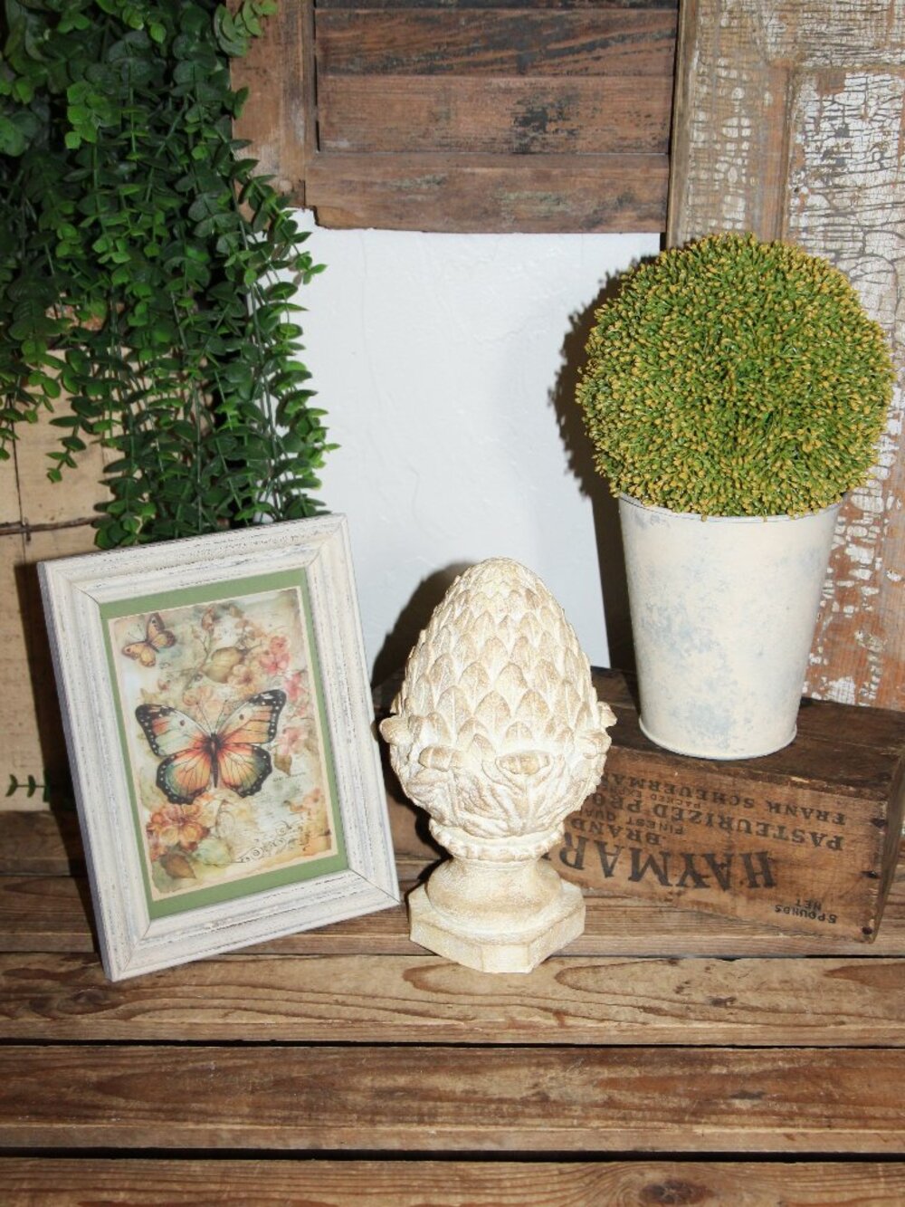 French Country Farmhouse Sedum Bucket Topiary Butterfly Floral Picture Artichoke